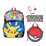 Bioworld Pokemon Poke Balls & Character Print 5-Piece 16" Backpack Set for Boys