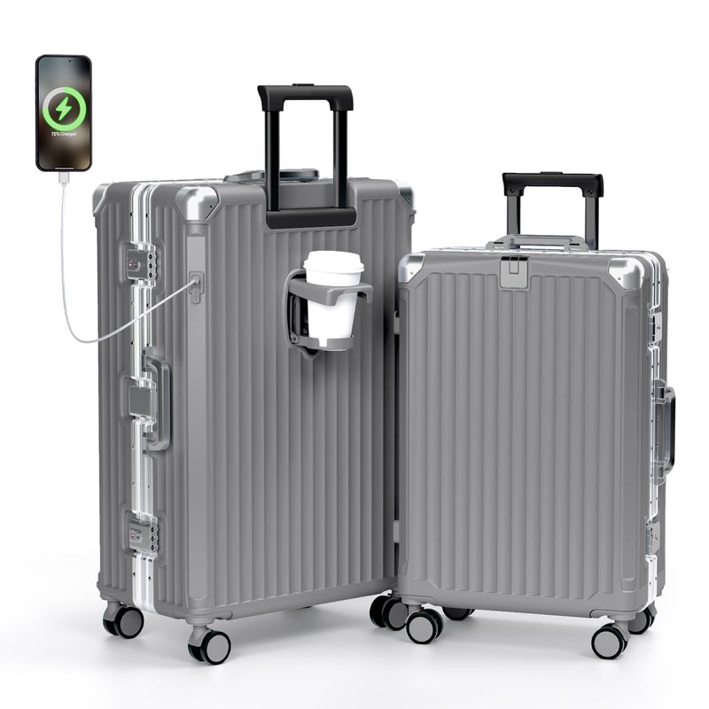 Krute No Zipper Luggage Set 2 Pieces Aluminum Frame PC Hard Shell Zipperless Suitcase Set With Wheels TSA Lock Carry On Luggage and Checked Suitcases