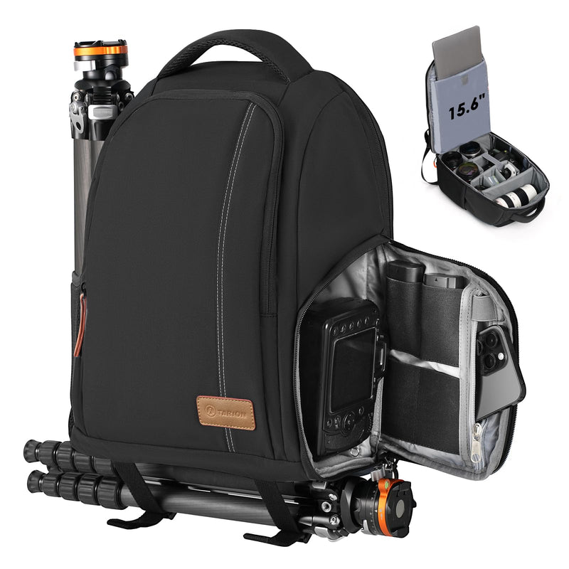 TARION Camera Backpack for Photographers - Compact 15L Camera Bag with 15.6 Inch Laptop Compartment - Side Access Quick Draw - Anti-theft Hidden Pocket Tripod Holder Rain Cover - TB04 Black
