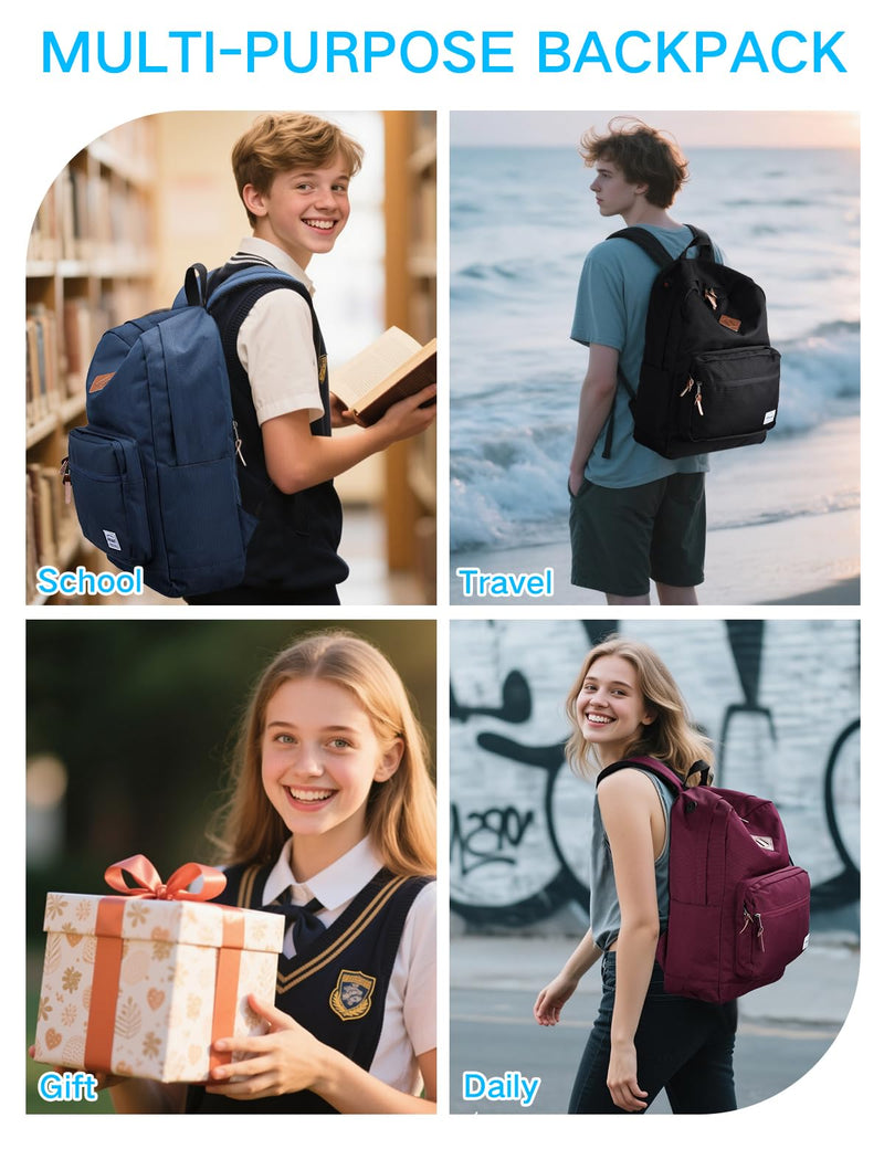 RAVUO Black School Backpack for Men Women | Classic College Bookbag for 15.6inch Laptop, Water Resistant Casual Daypack Schoolbag for Travel, Work