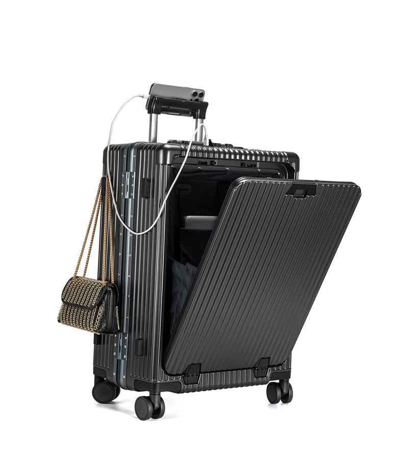 feilario Aluminium Frame PC Hard Shell Spinner Wheels Luggage,20.8"X15"X8.7 Airline Approved Built-In TSA lock Carry on Suitcase, with Cup Holder, USB Port, Phone Holder