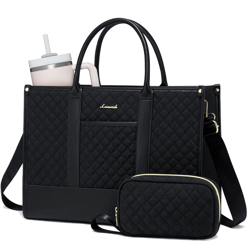LOVEVOOK Laptop Bags for Women, 15.6 inch Waterproof Work Tote Bag with Clutch, Professional Teacher Computer Purse Lightweight Shoulder Bag Travel, Quilted Black