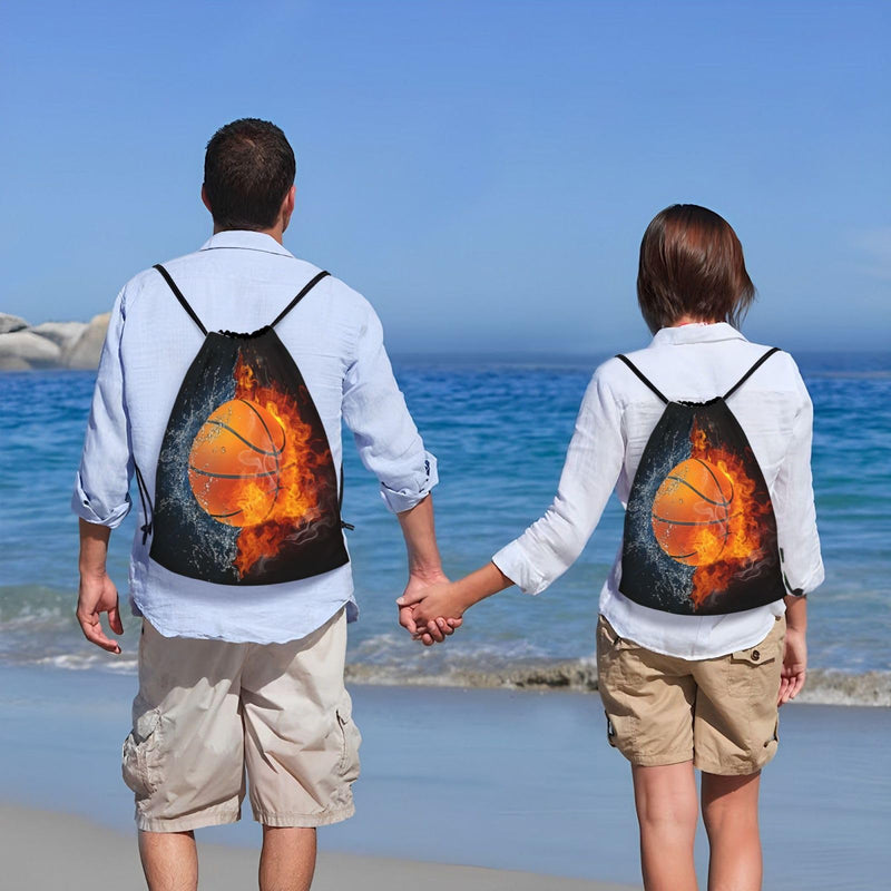 Basketball Drawstring Bags for Kids Boys Girls, Sports-Themed Drawstring Backpack Casual Knapsack for Adults Women Men, Black Draw String Rucksack Bags for Gym Travel Swimming Beach Camping, Small