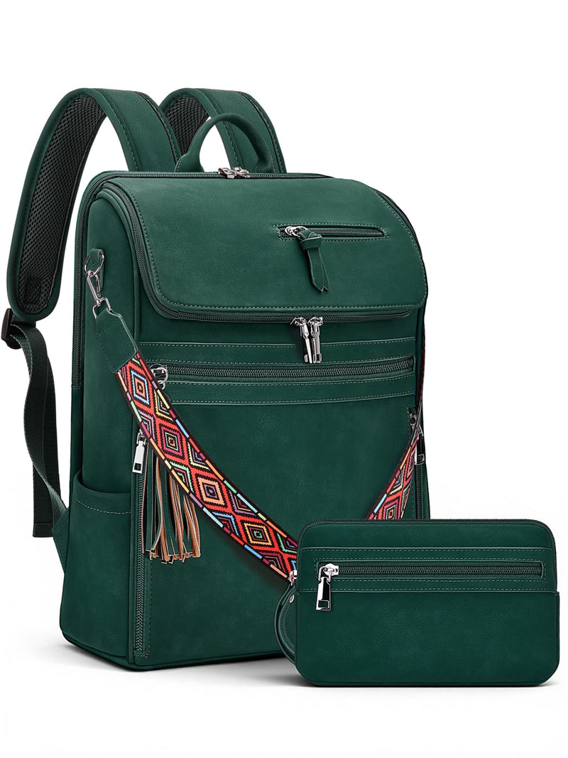 SYTRAH Leather Laptop Backpack for Women Designer Laptop Bag, 16.5 inch Travel Computer Backpacks Purse with Tassel for Work Business with Satchel Purse Green