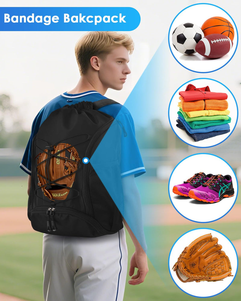 BROTOU Soccer Bags, Football Backpack, Volleyball Bag, Drawstring Soccer Backpack with Ball and Shoe Compartment (Black)