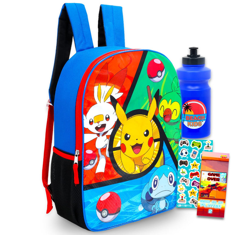 Pokemon Backpack for Boys - Bundle with 16" Backpack Featuring Pikachu, Scorbunny, Grookey, Sobble Plus Water Bottle, Stickers, More | Pokemon School Bag for Kids Set