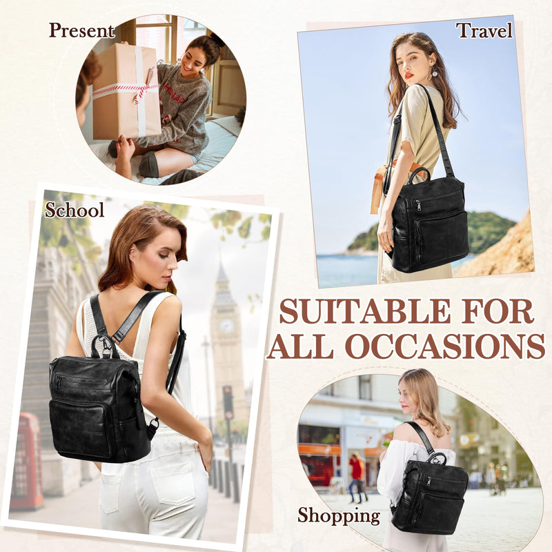 VASCHY Backpack Purse for Women,Vegan Fashion Leather Medium Convertible Ladies Backpack Shoulder Bag for Travel/Work/Diaper Black