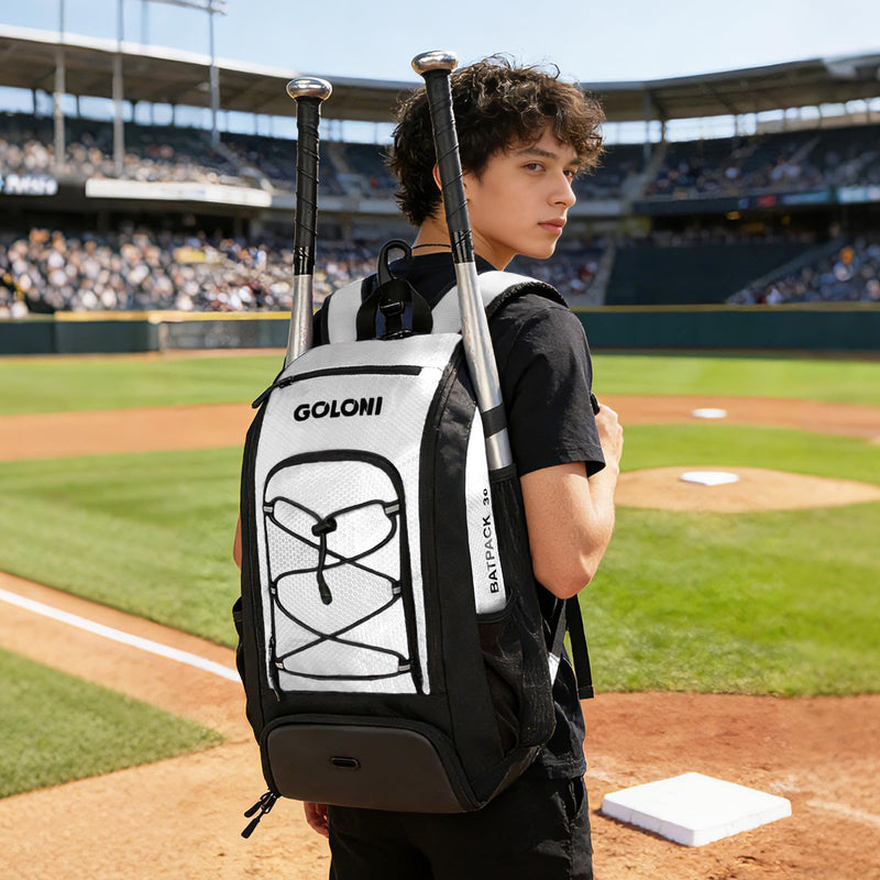 Goloni 40L Baseball Bag, Softball Bat Bag with Shoes Compartment,Fence Hook,Backpack for Baseball, T-Ball & Softball Equipment & Gear,White