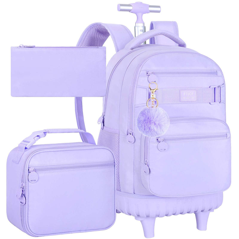 TXHVO 3Pcs Rolling Backpack for Girls Women, 19 Inche School Roller Backpacks with Wheels, Adults Wheeled Bookbag with Lunch Box(Purple)