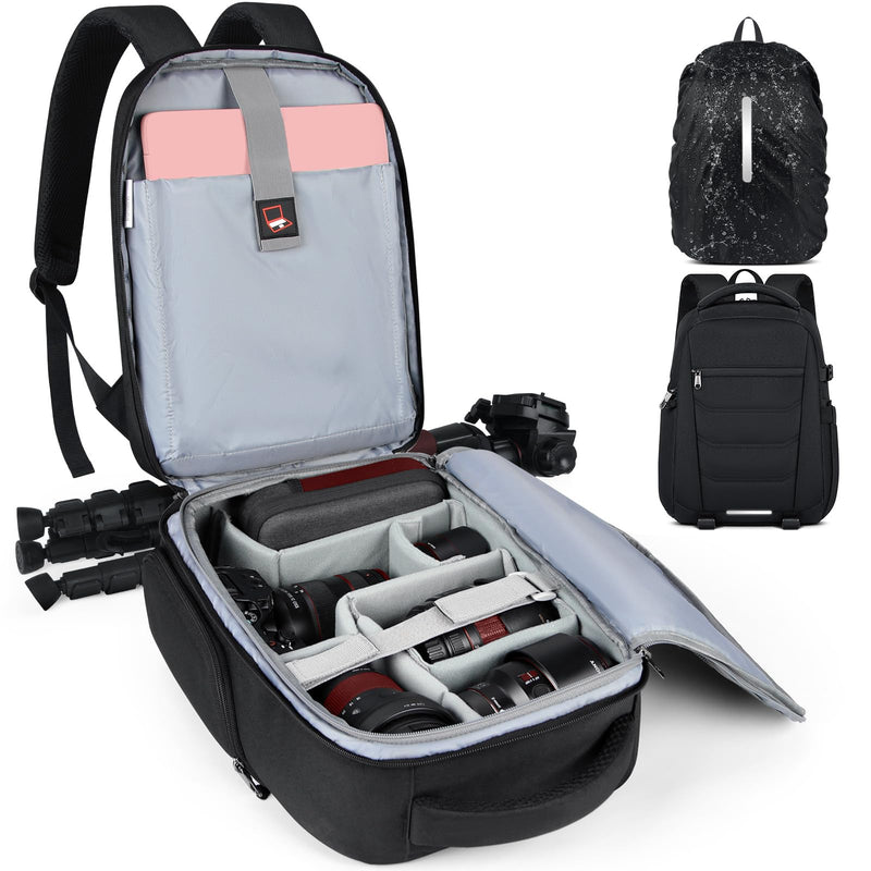 SDYSM Camera Bag Backpack Professional for DSLR SLR Mirrorless Camera Waterproof Laptop Back Pack 14 Inch with Rain Cover Anti Theft Travel Case Large Capacity Photography Backpack Black