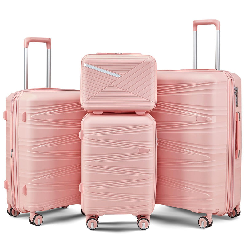 TRAVELEO 4 Piece Luggage Set PP Hardshell, Expandable Suitcase Set (20/24/28) with 14" Cosmetic Case, Lightweight Spinner Wheels with TSA Lock, Detachable Wheels for Nesting Storage (Pink)