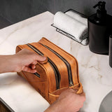 HomeWetBar Beckham Toiletry Bag for Men - Monogrammed Multi-Pocket Saddle Bag, Brown Hanging Dopp Kit