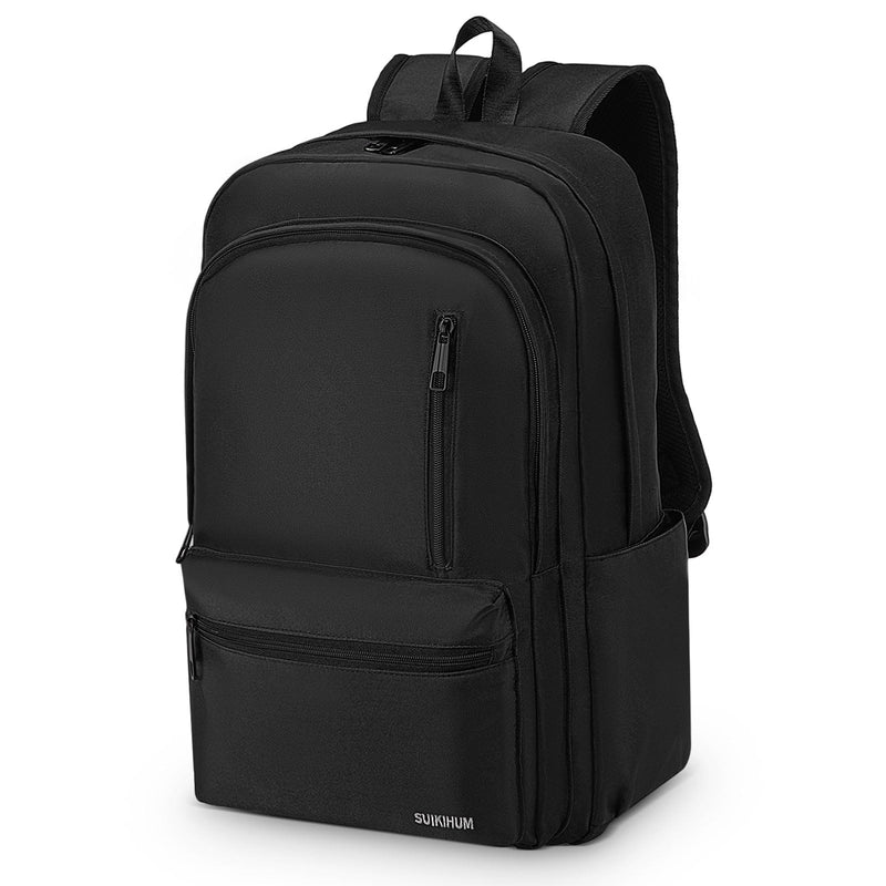 SUIKIHUM Nylon Backpack for Men & Women, Water-Resistant Everyday Backpack with 15.6" Laptop Compartment, Anti-Theft Pocket & Luggage Strap, Black