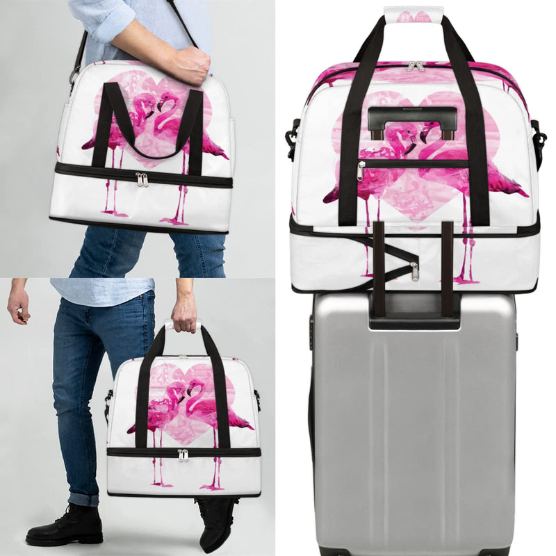 Couple Flamingo Foldable Travel Duffel Bag Tote Carry On Luggage Sports Gym Bag With Shoe Compartment For Woman Man Overnight Weekend Yoga Workout Training Handbag
