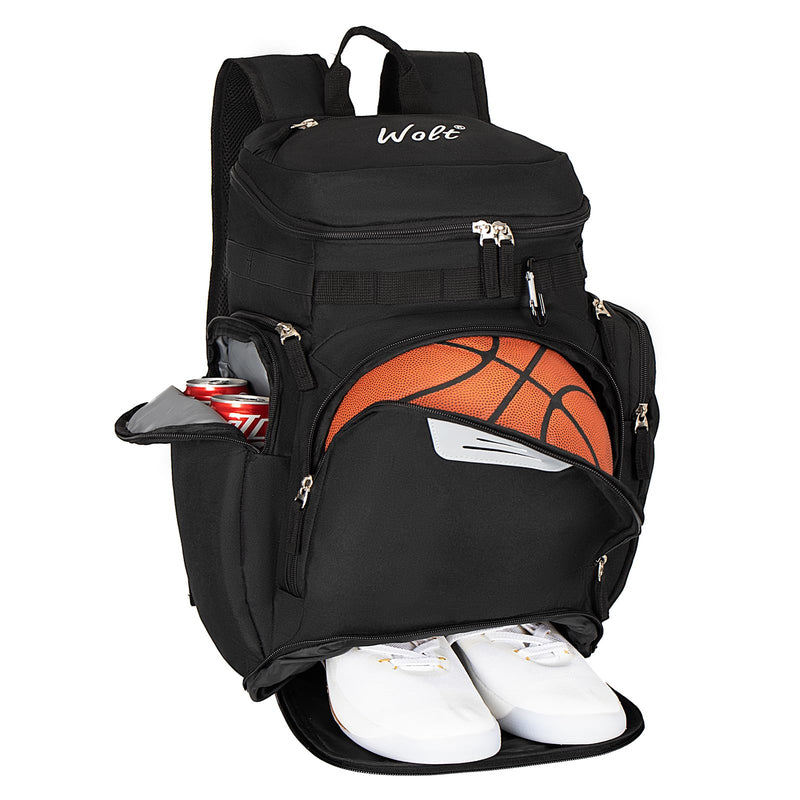 WOLT Basketball Backpack, Large Sports Bag with Separate Ball Compartment and Shoes Pocket for Basketball, Soccer, Rugby, Volleyball, Baseball