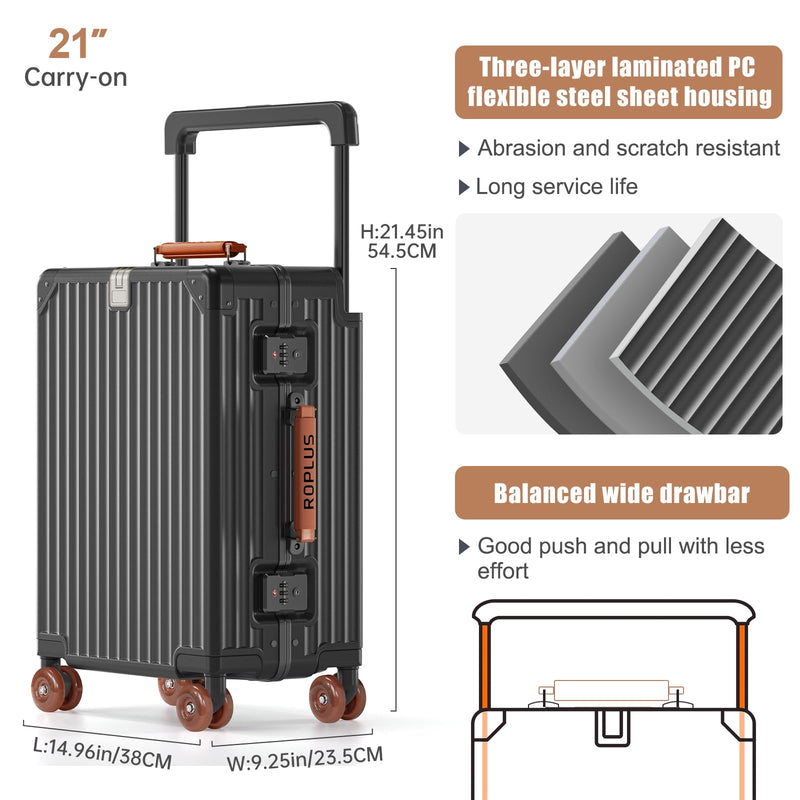 ROPLUS Aluminium Frame Carry on Luggage with Smooth Jelly Wheels, Hardside Zipperless Rolling Suitcase with TSA Lock (Grey, 21-Inch)