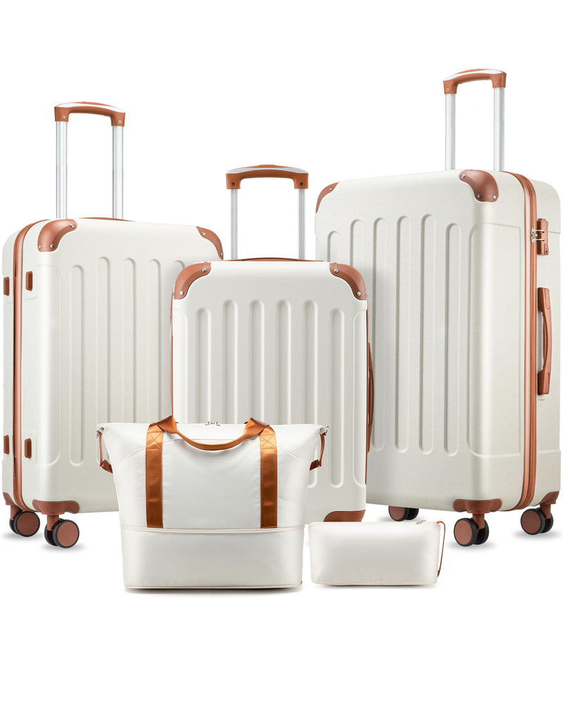 YOETEY Luggage Sets 5 Piece, Hardside Suitcase with Wheels, TSA Approved, White Brown