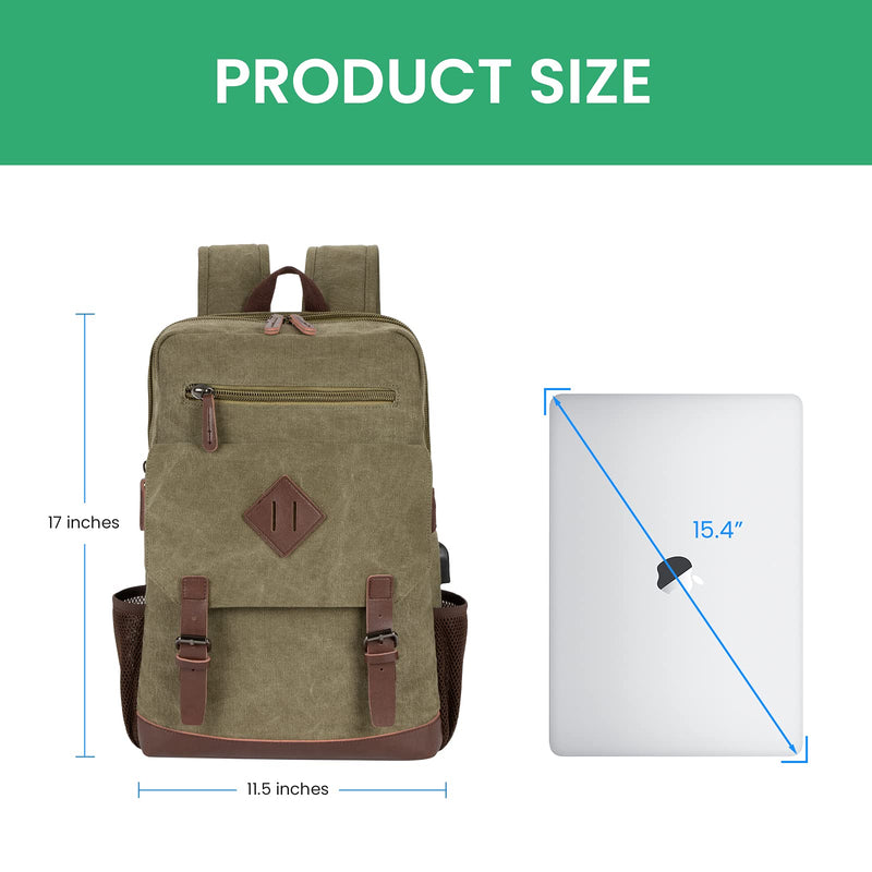 Modoker Eco-Friendly Vintage Backpack for Men Women, Canvas Bookpack Fits Most 15.6 Inches Computer and Tablets, Rucksack Backpack with USB Charging Port, Army Green