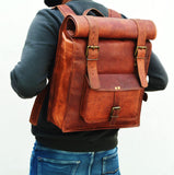 URBAN DEZIRE Men's 17 inch Leather Vintage Roll On Laptop Backpack Rucksack knapsack college bag