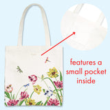 kate spade new york Canvas Tote Bag for Women, Cute Tote Bag for Work or Teacher, Canvas Beach Bag, Book Tote with Pocket, Dragonflies and Tulips