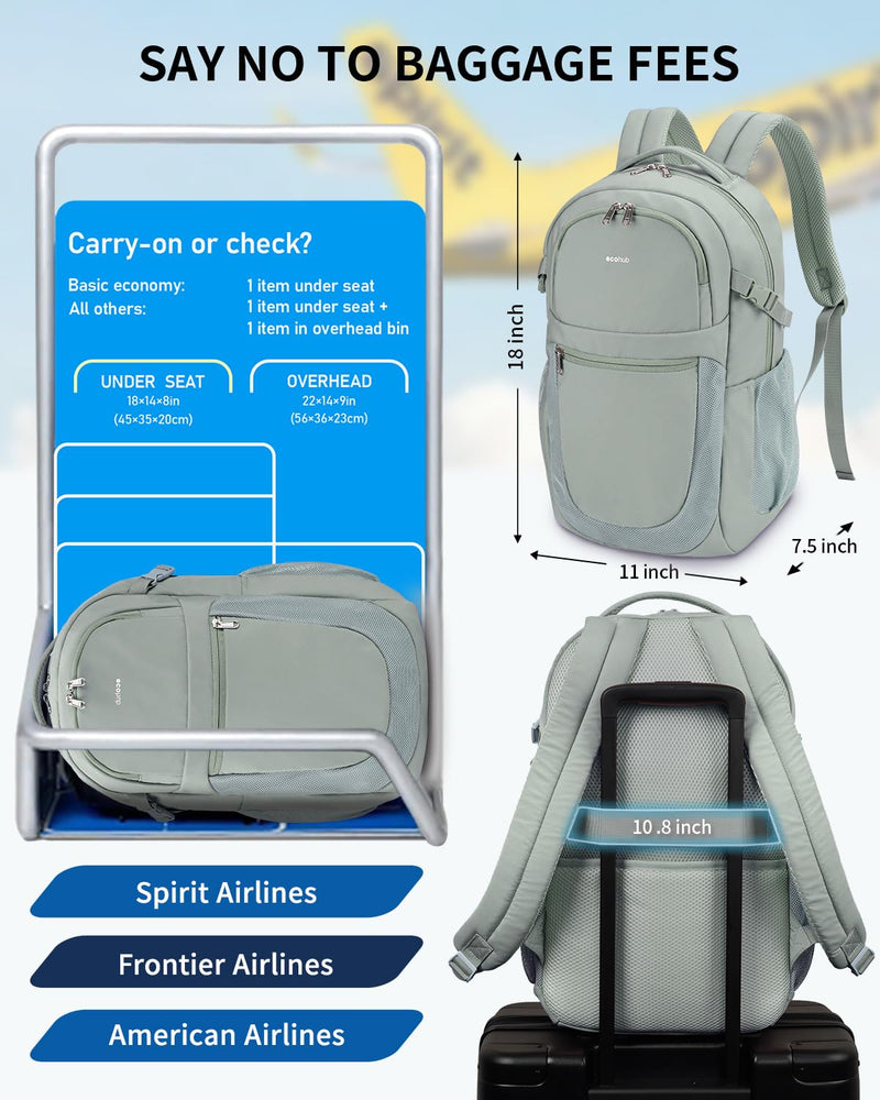 ECOHUB Travel Backpack for Women, 17.3 inch Suspended Laptop Backpack, Fashion Water-Resistant College Computer Bookbag, 28L Personal Item Bag with 12 Pockets for Causal, Work, Green