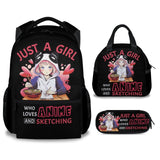 PoshWrap Girls Backpack with Lunch Box - Set of 3 School Backpacks Matching Combo - Lightweight Black Bookbag and Pencil Case Bundle