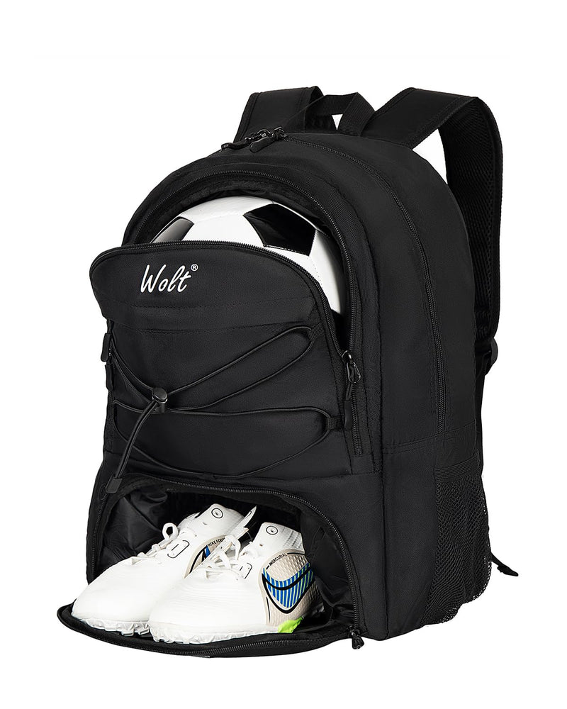 WOLT Soccer Backpack Soccer Bag with Ball Holder & Shoes Compartment, Sport Equipment Bags For Football, Basketball, Volleyball, Gym (Black)