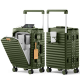 Joyway 20 Inch Carry on Luggage with Aluminium Frame and Front Pocket, PC Hardshell Suitcase with USB Port and Cup Holder, 21.5x14.2x9 Airline Approved Luggage with Spinner Wheel, TSA Lock(Dark Green)