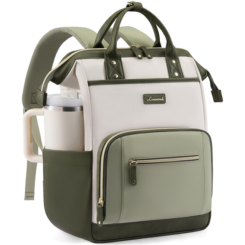 LOVEVOOK Laptop Backpack for Women with Giant Tumbler Holder,15.6 inch Professional Nurse Teacher Backpack Computer Laptop Bag,Cute Travel Backpack Purse Work College Bag,Beige-Bean green-Army green