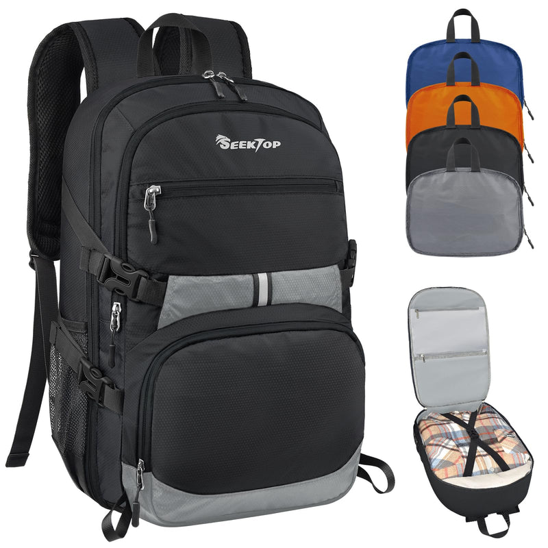 Seektop Lightweight Travel Backpack for Men Women, Multiple Pockets 40L Hiking Backpack Foldable Carry on Backpack for Outdoor Camping Sport Leisure (Black)
