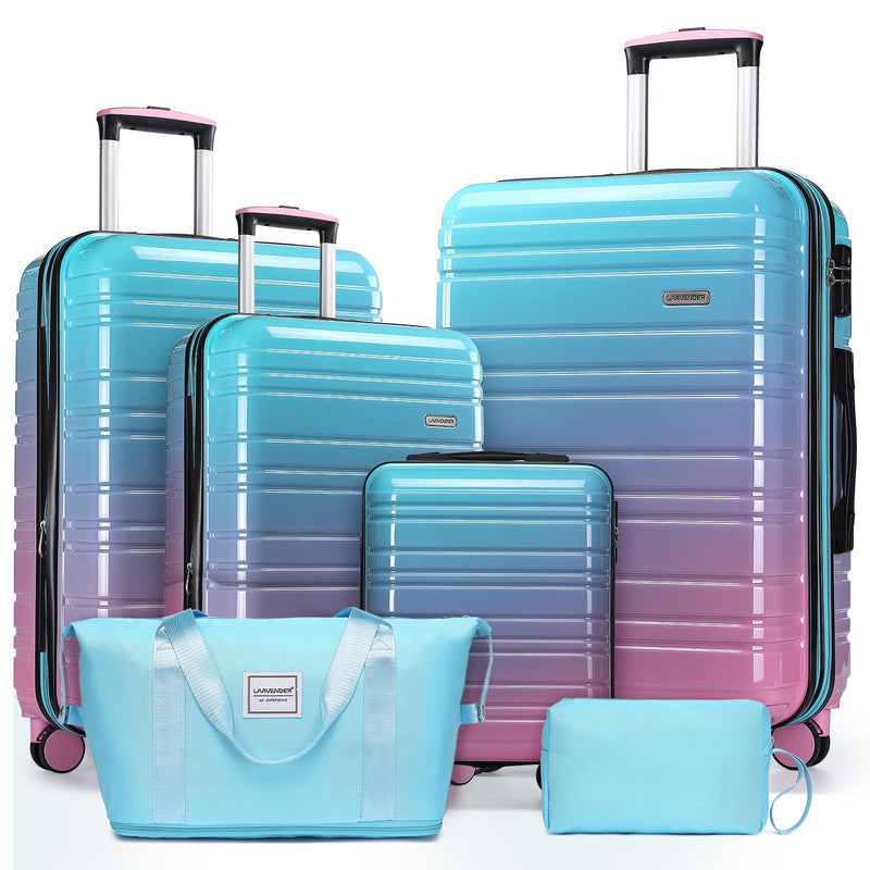LARVENDER Luggage Sets 6 Piece, Expandable PC+ABS Hardside Multicolor Suitcase Sets with TSA Lock Double Spinner Wheels, Cotton Candy