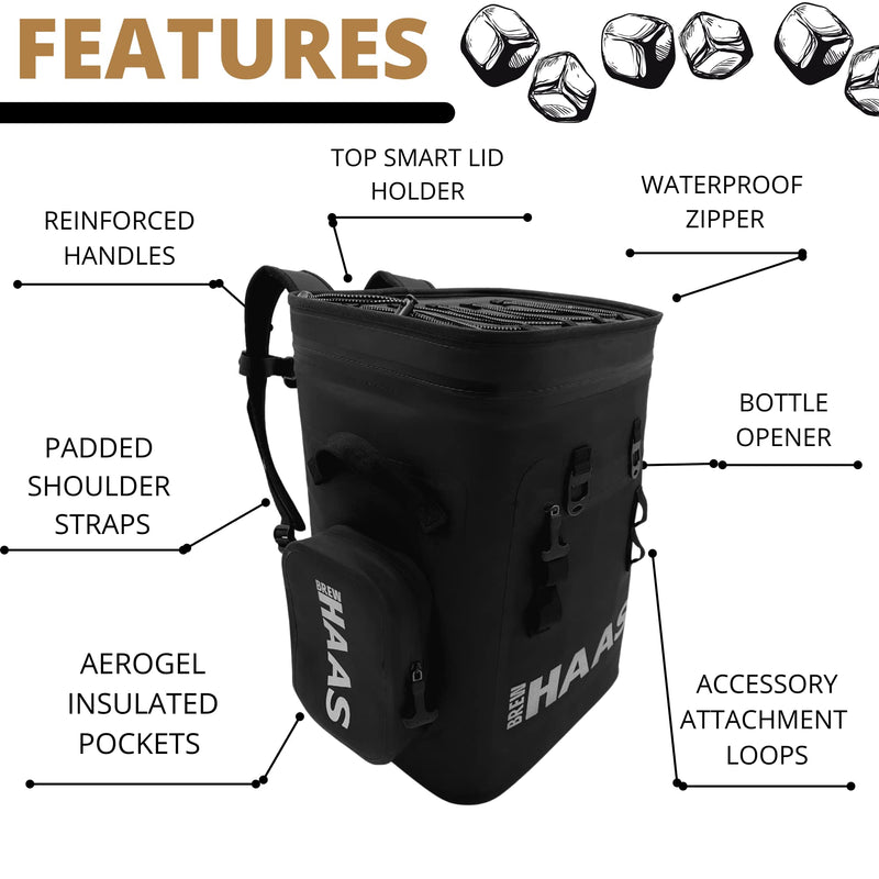 Brew Haas Backpack Cooler Matte Black, Premium Leak Proof Zipper, Insulated, Smart aerogel Pockets, This Waterproof Back Pack Cooler Soft Sided, Hold 36 Can Like The yeti and rtic Coolers