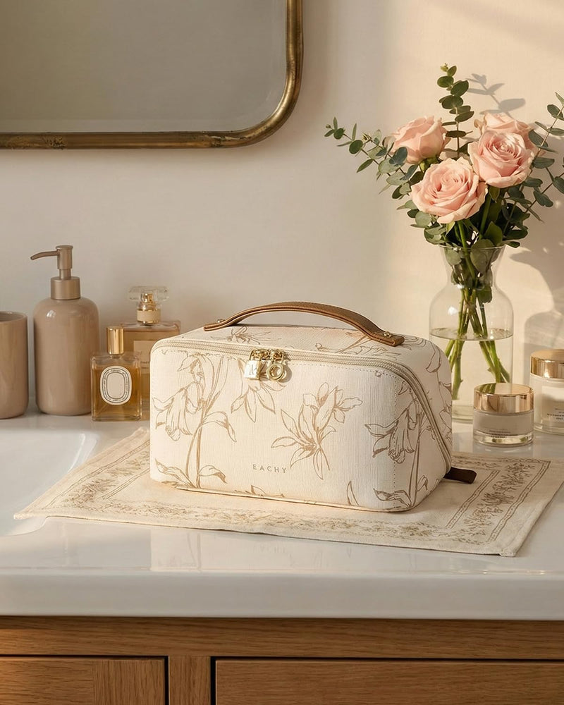 EACHY Travel Makeup Bag, Large Capacity Cosmetic Bags for Women, Waterproof Portable Pouch Open Flat Toiletry Bag Pattern Make up Bag (F-Beige)