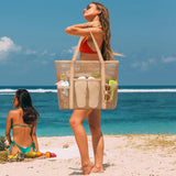 Fammart Mesh Beach Bag for Women, Casual Hobo Bags Large Beach Tote for Pool Travel Cruise Vacation Essentials, Sandproof Bottom - Khaki