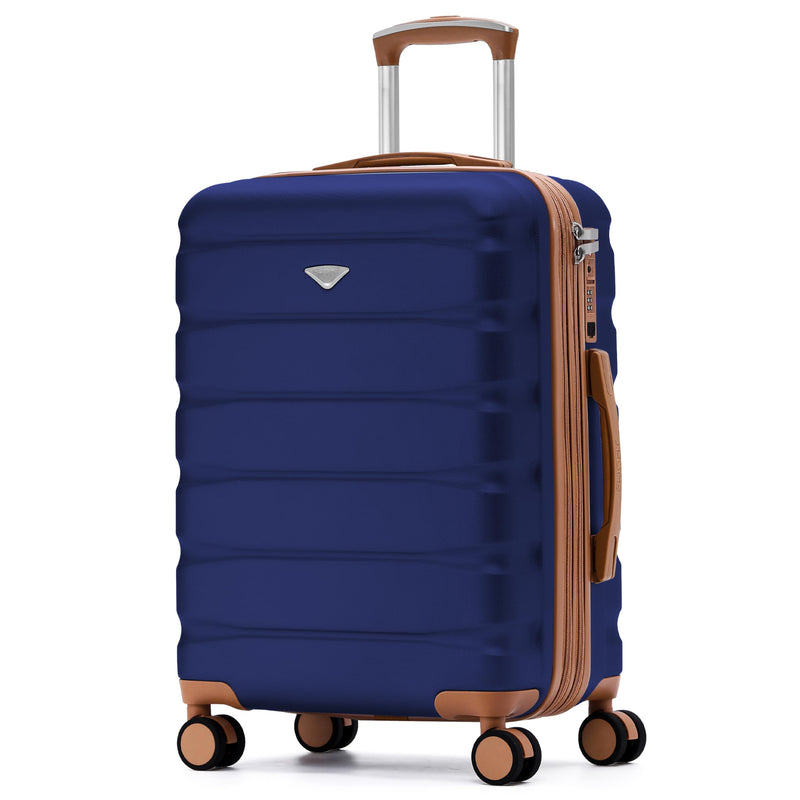 Flight Knight 24x16x10 Expandable Carry On Suitcase Hardside TSA Lock USB C Lightweight Luggage Silent Double Spinner Wheels Maximum Overhead Carry-On Bag For Virgin South West Approved Navy/Tan