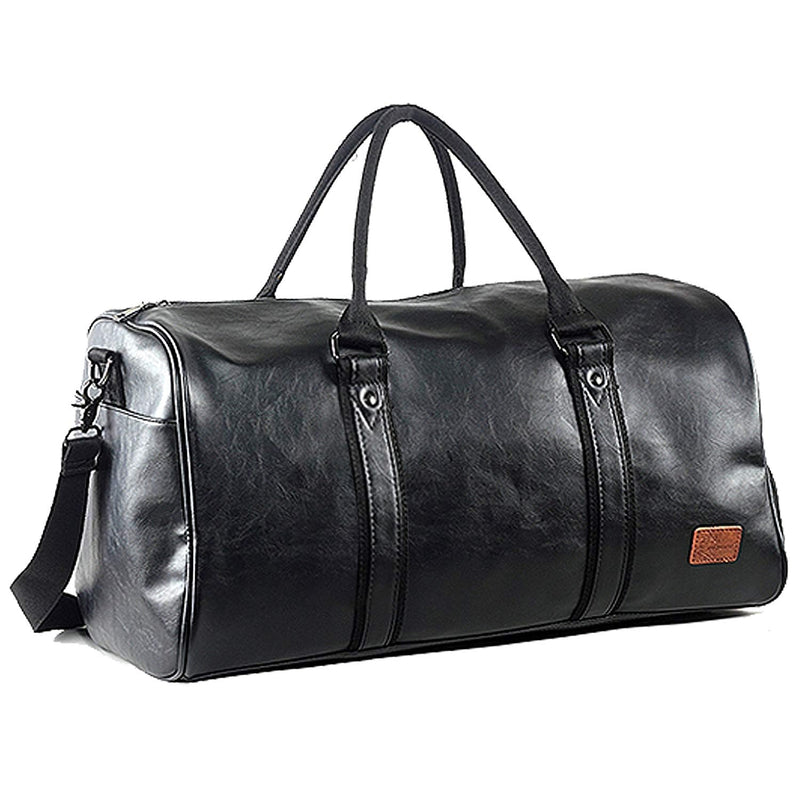 Leather Travel Bag with Shoe Pouch, Waterproof Weekender Overnight Bag, Carry On Duffel Bag for Men Women-Black