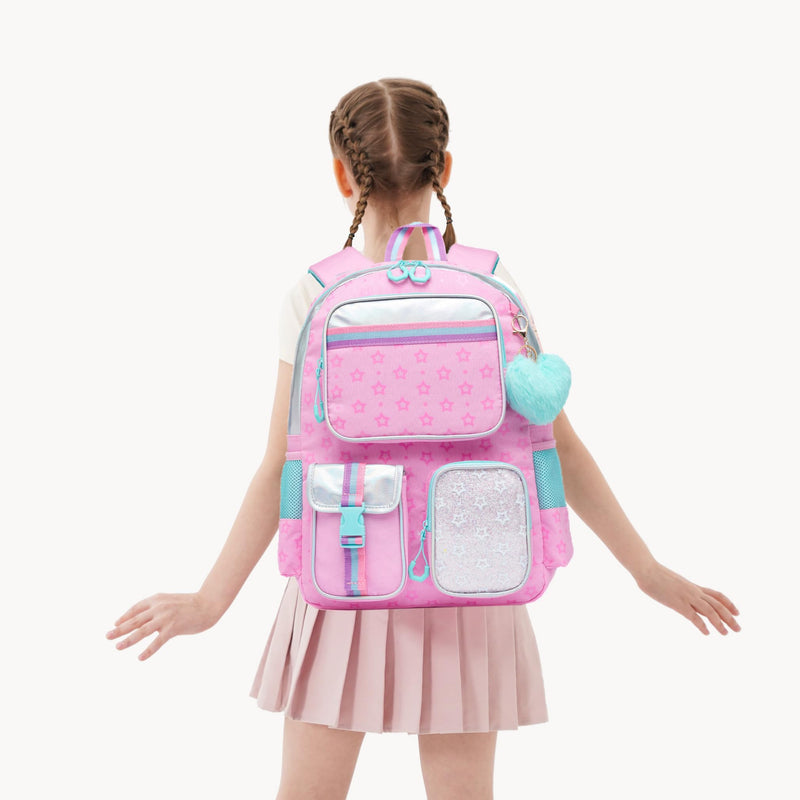 Meetbelify Pink Backpack with Wheels for Kids - Cute Carry On with Lunch Box & Pencil Case for Elementary Students - Travel Suitcase for Girls 8-10