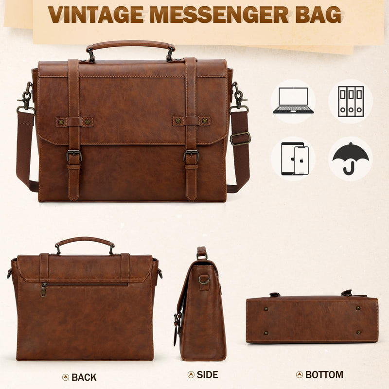 RAINSMORE Mens Messenger Bag 17 Inch Waterproof Vintage Leather Laptop Briefcase Large Laptop Bag Satchel Bag Computer Shoulder Bag for Office Business Travel College,Brown