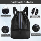 YEVOPOU Sports Drawstring Backpack with Shoes Compartment, String Gym Bag with Wet Proof Pocket for Basketball, Soccer, Swim, Black Sport Bag for Men and Women
