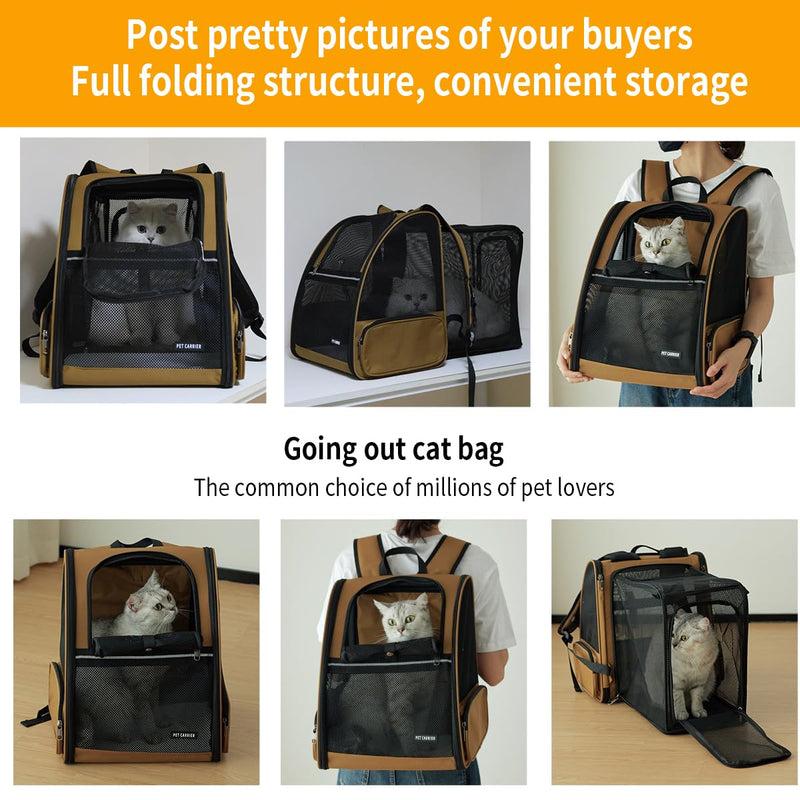Cat Backpack，Expandable Cat Carrier Backpack, Dog Backpack Carrier and Pet Carrier Backpack, Suitable for Cats, Dogs Kitten or Small Dogs, Travel Friendly Puppy Cats Bag (Brown)