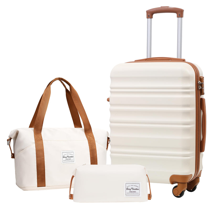 LONG VACATION Carry On Luggage Sets 3 Piece 20 Inch Suitcase Set, ABS+PC Hardshell Lightweight Travel Luggage with Spinner Wheels & YKK Zipper TSA Lock (BEIGE-BROWN, 20 Inch)