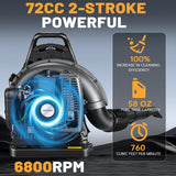 72cc Backpack Leaf Blower, Gas Powered 760 CFM 230 MPH 2 - Stroke Blower with Adjustable Speed, Low Noise, and Ergonomic Design for Lawn, Yard, Garden & Commercial Use