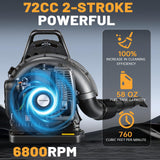 72CC Gas Backpack Leaf Blower - 2 - Stroke Handheld - Class V Engine, 230 MPH 760 CFM, Adjustable Speed, Low Noise & Ergonomic Design, Cruise Control for Fast Yard Cleanup (Black)