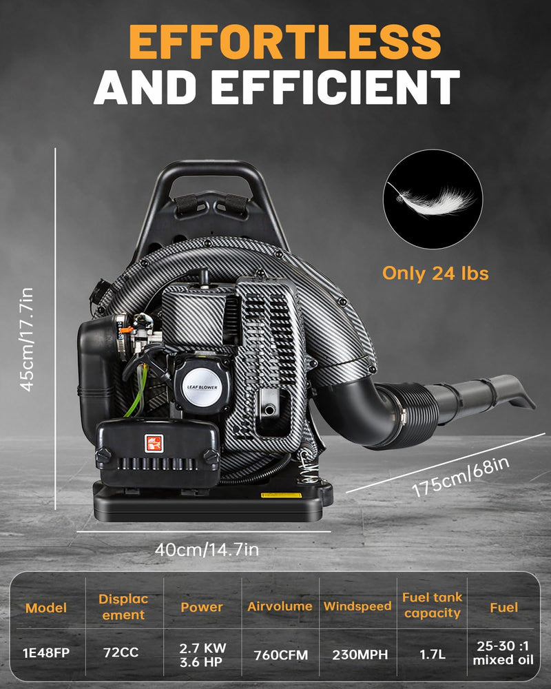 72CC Gas Backpack Leaf Blower - Low Noise & Ergonomic Design, 2 - Stroke Engine with 230 MPH 760 CFM, Adjustable Speed + Cruise Control for Fast Yard Cleaning (Black)