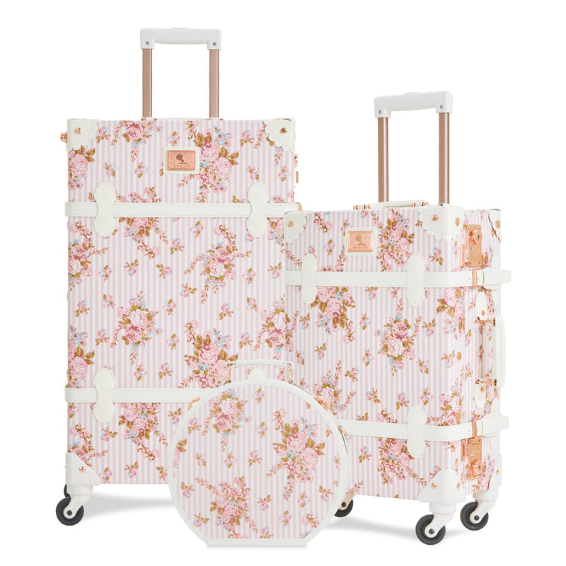 7998 3 Piece Vintage Suitcase Set Women Cute Carry on Luggage with Hat Box Cosmetic Case (pink floral, 26"+20"+12")