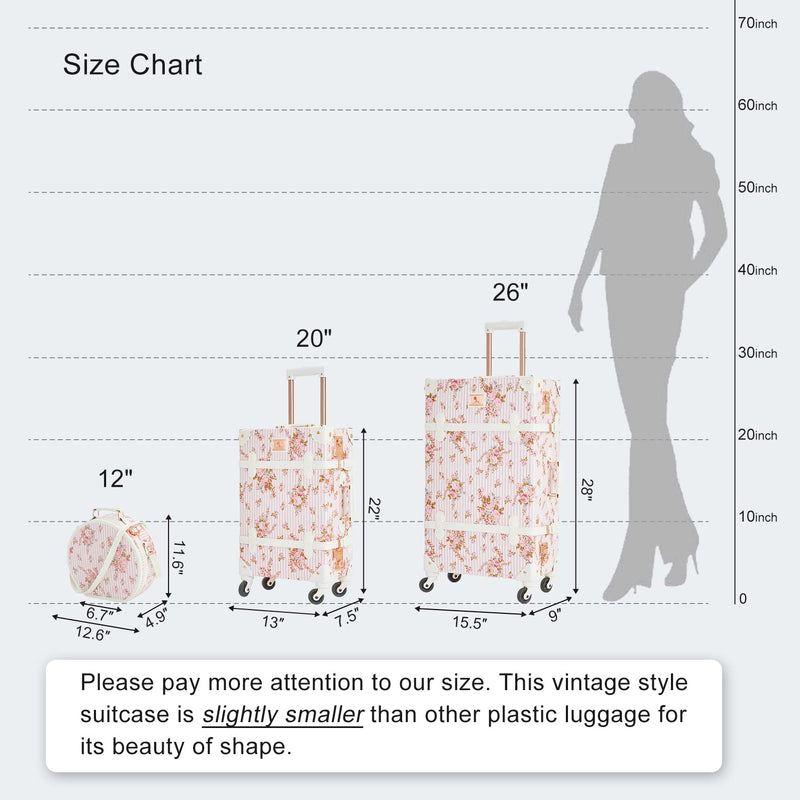 7998 3 Piece Vintage Suitcase Set Women Cute Carry on Luggage with Hat Box Cosmetic Case (pink floral, 26"+20"+12")