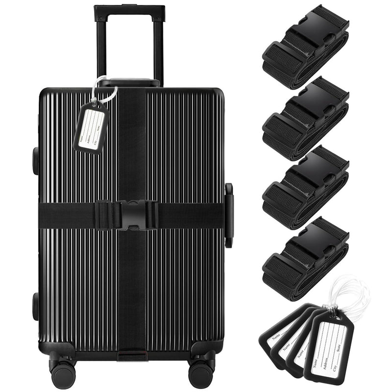 8 Pack Luggage Straps and Tags Set (4 Straps, 4 Tags), Luggage Straps for Suitcases TSA Approved Suitcase Belt Luggage Tags, Black