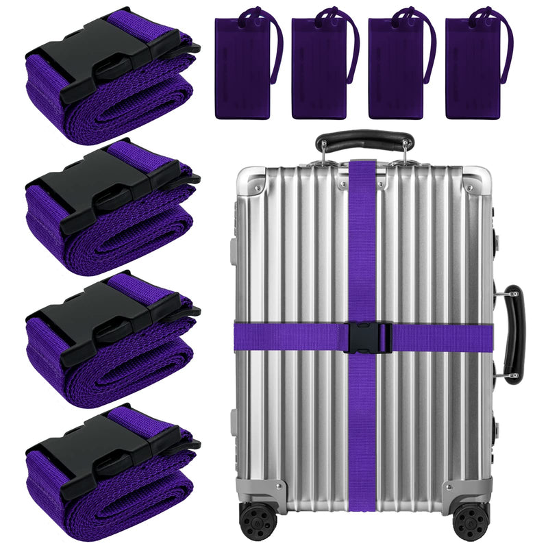 8 Pack Luggage Straps Suitcase Tags Set,Adjustable Suitcase Belts TSA Approved Silicone Luggage Tags Travel Suitcase Tags with Name ID Card for Luggage Suitcase Travel Accessories - Purple
