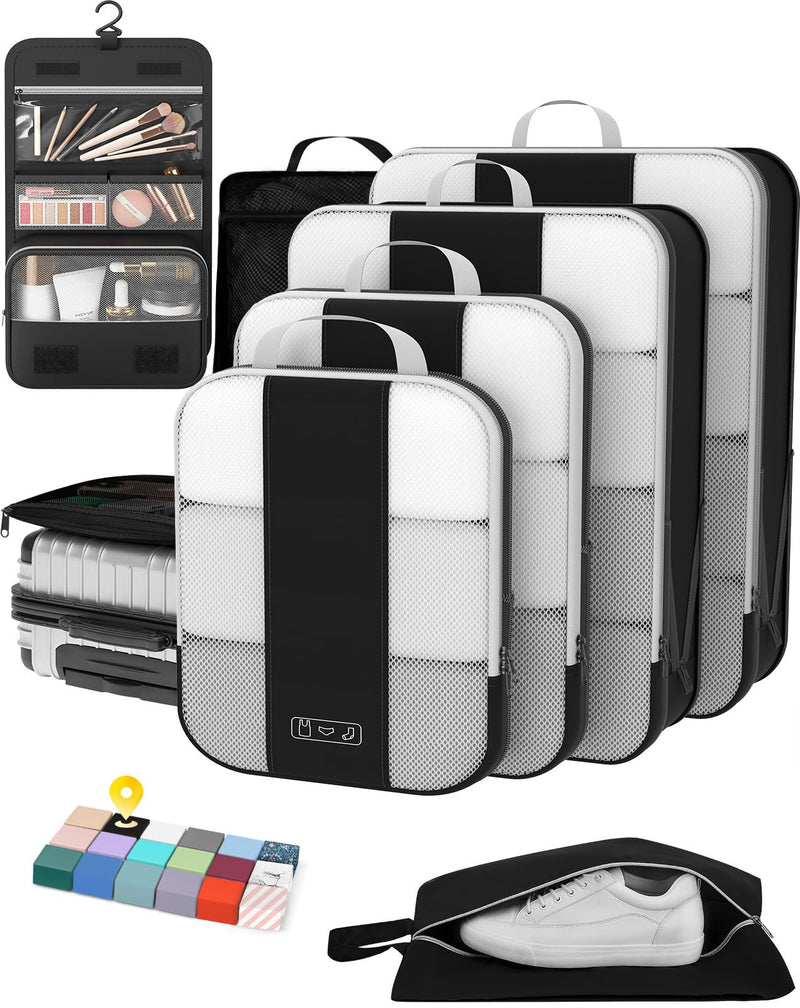 8 Set Compression Packing Cubes for Travel Essentials,Compressible Expandable Packing Cubes for Suitcase,OlarHike Luggage Organizer Bags for Travel,Handy Helper for Organizing Clothes(Black)