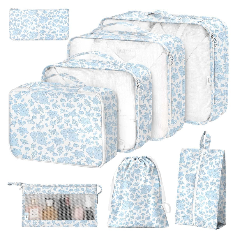 8 Set Packing Cubes for Suitcases,Packing Cube with Shoe, Cosmetics, Clothing, and Accessories Bags Packing Cubes for Travel Luggage Organizer Women Men(Blue Flowers)